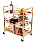 Heavy Duty Metal Serving Cart With Three Roomy Shelves And Slick Rolling Casters For Kitchen Organization Or Chill Bar Setup No Fuss, gold metal trolley with drinks and fruit.