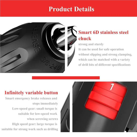 Close-up of stainless steel chuck and variable button on Rugged Cordless Impact Drill And Electric Hand Screwdriver With Rechargeable Lithium Battery Two Speed Switch Twenty Five Torque Settings And Badass All Copper Motor For Serious Builds.