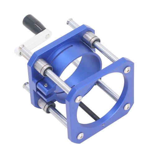 Rock Solid Aluminum Router Lift Kit With Dead Smooth Height Adjustment And Precision Router Table Insert Plate For 64 To 65 Mm Routers in blue with adjustable handle.