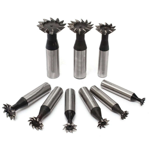 Nine-piece set of HSS 16mm x 45° dovetail milling cutters with black shanks