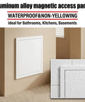 Built Tough Heavy Duty Ceiling Access Panel With Secure Magnetic Push Latch For Drywall Basements And Attics Flush Mount Wall Cover For Hvac Plumbing And Electrical No Sweat Install White on a wall in a living space.
