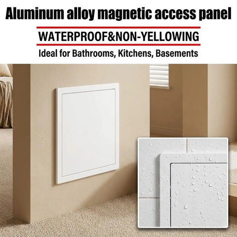 Built Tough Heavy Duty Ceiling Access Panel With Secure Magnetic Push Latch For Drywall Basements And Attics Flush Mount Wall Cover For Hvac Plumbing And Electrical No Sweat Install White on a wall in a living space.