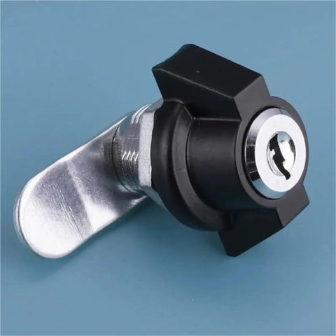 Beefy Heavy Duty Cabinet Cam Lock with Key, showing secure cylinder turn tongue hardware and reversible stop cam on blue background.