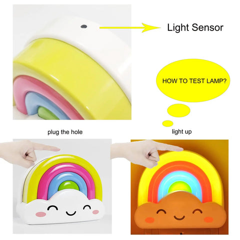 Rainbow Night Light Plug In With Dusk To Dawn Sensor, 0.5W LED showing light sensor, rainbow colors with cloud smile