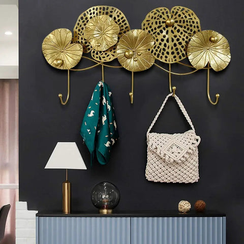 Gold Wall Mounted Coat Rack Featuring A Styled Lotus Leaf Design With Five Heavy Duty Hooks To Hang Outerwear Keys Caps And Towels. Decorative design with hooks.