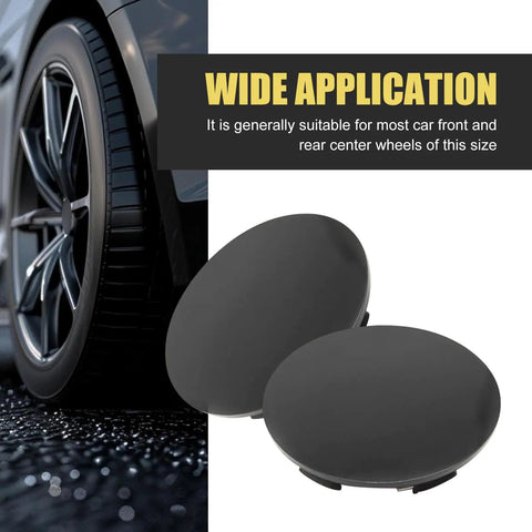 4 Pack Universal Car Wheel Center Caps Sixty Millimeter Outer Diameter Fifty Six Millimeter Inner Bore Tough As Nails ABS Plastic Snap On Rim Hub Caps view with black caps next to car wheel.
