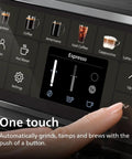 Touchscreen interface of Fully Automatic Espresso Machine With 12 Hot And Iced Coffee Picks for easy brewing options in glossy black chrome.
