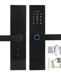 Front and back view of Rugged Keyless Entry Smart Door Lock with Fingerprint IC Card Password and App Control, components included.