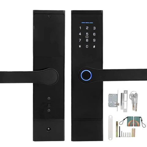 Front and back view of Rugged Keyless Entry Smart Door Lock with Fingerprint IC Card Password and App Control, components included.