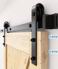 Side view of Heavy Duty Sliding Barn Door Roller Kit with Anti Jumper Stopper, showing hardware installation on wooden door.
