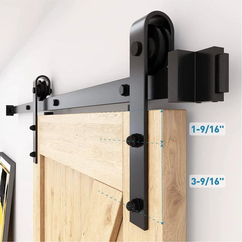 Side view of Heavy Duty Sliding Barn Door Roller Kit with Anti Jumper Stopper, showing hardware installation on wooden door.