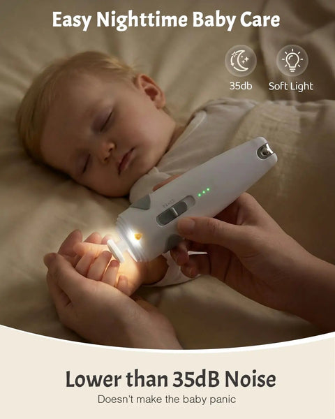 Parent using electric nail trimmer from All-In-One Baby Care Kit With 26 Tools Including Electric Nail Trimmer Safe File With Auto Light Portable Nursery Health Care Set For Newborns Toddlers Boys And Girls For Home Travel Grey on sleeping baby