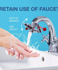 Emergency Eyewash Faucet Attachment For Quick Flush OSHA Approved Kit installed on a chrome sink faucet used for washing hands