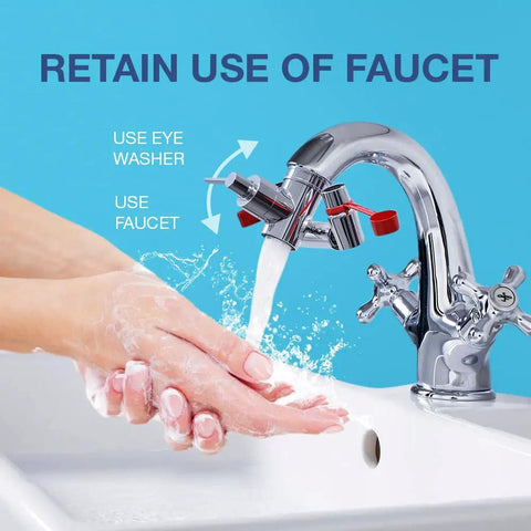 Emergency Eyewash Faucet Attachment For Quick Flush OSHA Approved Kit installed on a chrome sink faucet used for washing hands