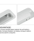 Close-up of gray plastic Recessed Flush Pull Handle Set 2 Pack showing durability and corrosion-resistant features for cabinets and furniture.