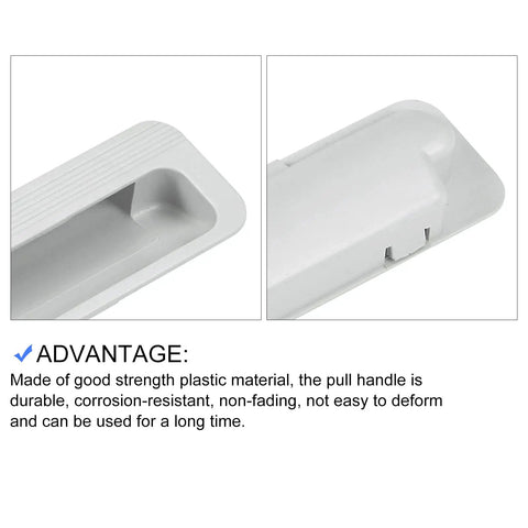 Close-up of gray plastic Recessed Flush Pull Handle Set 2 Pack showing durability and corrosion-resistant features for cabinets and furniture.
