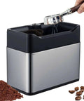 Electric Espresso Knock Box With Automatic Portafilter Cleaner And Coffee Grounds Disposal Station sleek design with portafilter cleaning tool.