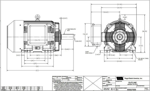 Proven Workhorse 125 Hp Three Phase Electric Motor 1800 Rpm 460 Volt detailed technical drawing with dimensions.