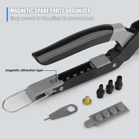 Close-up of Multi Function Hole Punch Plier Set With Storage Case showing magnetic parts organizer and replaceable punch heads.