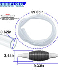 Product size chart for No Sweat Manual Car Fluid Siphon Pump with 59.05in PVC tubing and heavy duty rubber bulb.