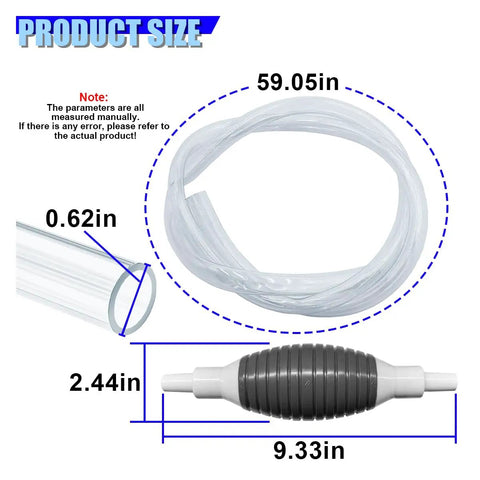 Product size chart for No Sweat Manual Car Fluid Siphon Pump with 59.05in PVC tubing and heavy duty rubber bulb.