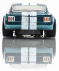 Rear view of Shelby GT350R 1965 Donohue White Blue Slot Car With High Performance Traction Magnets Precision Balanced Chassis