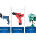 Premium Carbide Forstner Bit Set Delivering Dead Nuts Accurate Bores And No Sweat Drilling For Heavy Duty Hinge Installation On Wood And Plastic Surfaces As A Top Shelf Carpenter Essential displayed with various electric drills including blue electric hand drill, red lithium electric drill, and green bench drill.