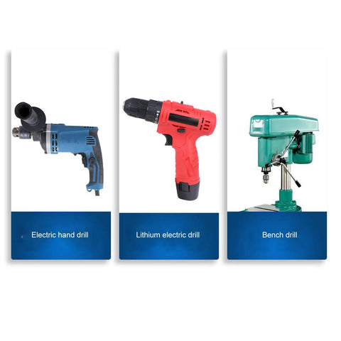 Premium Carbide Forstner Bit Set Delivering Dead Nuts Accurate Bores And No Sweat Drilling For Heavy Duty Hinge Installation On Wood And Plastic Surfaces As A Top Shelf Carpenter Essential displayed with various electric drills including blue electric hand drill, red lithium electric drill, and green bench drill.
