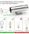 Diagram showing bulb compatibility for 2 Pack Outdoor Wall Sconce Lights With Up And Down LED Cylinder Design, 304 Stainless Steel.
