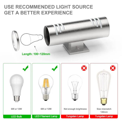 Diagram showing bulb compatibility for 2 Pack Outdoor Wall Sconce Lights With Up And Down LED Cylinder Design, 304 Stainless Steel.