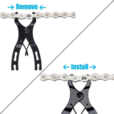 8 Pairs Reusable Bicycle Missing Links And Chain Pliers Delinker, showing removal and installation with a chain repair tool