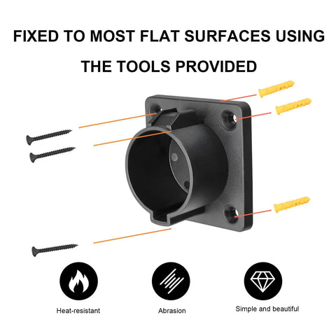 Wall-mounted EV Charger Holder for SAE J1772 Connector with included screws and expansion tools, secure plastic bracket.