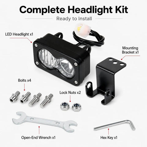 LED Headlight Kit For Electric Dirt Bike Plug And Play Front Light Upgrade Off Road Lighting Accessories Replacement Parts Compatible With Yozma IN 10 Electric Dirt Bike complete kit with headlight, bracket, bolts, nuts, wrench, and hex key