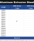 Aluminum extrusion sheet showing sizes, focusing on 500mm 3060 series T-slot for Two Pack 500mm 3060 Aluminum Extrusion T Slot Black European Standard 30x60 Profile.