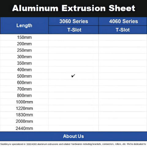 Aluminum extrusion sheet showing sizes, focusing on 500mm 3060 series T-slot for Two Pack 500mm 3060 Aluminum Extrusion T Slot Black European Standard 30x60 Profile.