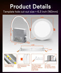 Product details showing Slim 6 Inch Smart LED Recessed Downlight With Junction Box, dimensions, and installation features.