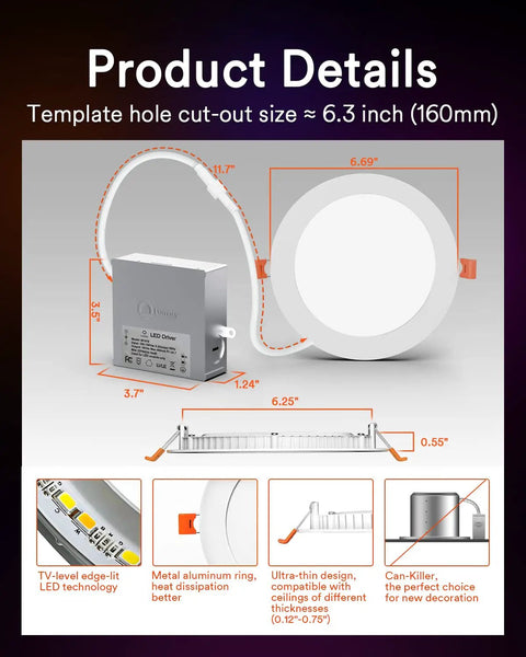 Product details showing Slim 6 Inch Smart LED Recessed Downlight With Junction Box, dimensions, and installation features.