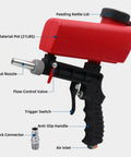 Wreck Old Rust And Peeling Paint Fast With This Heavy Duty Gravity Sandblaster Gun Kit Using A Ninety Psi Pneumatic Trigger To Prep Metal And Wood Smooth Without Breaking A Sweat In Red, featuring nozzle, trigger switch, and flow control.