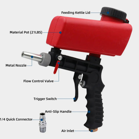 Wreck Old Rust And Peeling Paint Fast With This Heavy Duty Gravity Sandblaster Gun Kit Using A Ninety Psi Pneumatic Trigger To Prep Metal And Wood Smooth Without Breaking A Sweat In Red, featuring nozzle, trigger switch, and flow control.