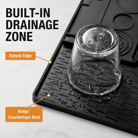 Straight Fire Premium Silicone Coffee Drip Mat With Built In Tamping Station, Non Slip Overflow Shield For Oster Perfect Brew, Heavy Duty Barista Counter Organizer And Quick Drainage Tray, Black with glass