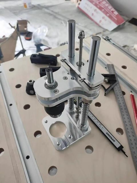 Compact Drill Press Stand With Vertical Drill Guide For Hand Drills, portable base on workbench, aluminum construction