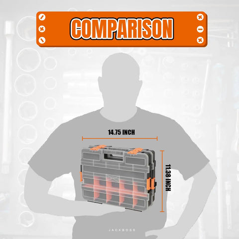 Kickass Workhorse Two Pack Tool Box Organizers Featuring Crystal Clear Lids And Seventeen Custom Slide Apart Compartments For Screws Bolts Nails Hardware Fishing Tackle And Shop Projects Vibrant Orange Finish