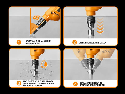 Instructional guide for using a 10 Piece Diamond Drill Bit Set For Glass Tile Ceramic Marble And Granite with precision diamond cutting.