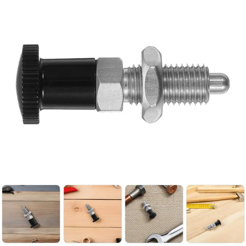 M10 Stainless Steel Reset Indexing Plunger with black grip, used for precise mounting in heavy-duty machine shops.