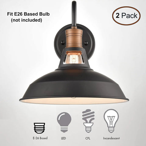 2 Pack Farmhouse Plug In Wall Sconces With Gooseneck Arms And Barn Shade Matte Black Finish With Antique Brass Lamp Heads