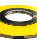 Top view of a spiral-wound gasket: yellow outer disk with metal inner ring, 2-inch pipe size, class 600.
