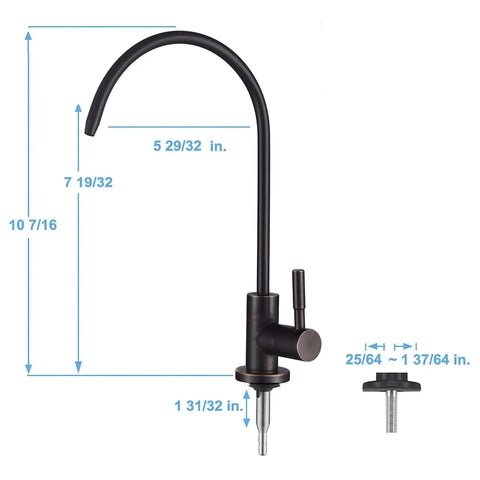 Real Deal Oil Rubbed Bronze Drinking Water Faucet For Reverse Osmosis Systems With Non Air Gap Design And Lead Free 304 Stainless Steel Construction dimensions showing height and handle.