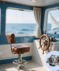 Boat interior with brown leather chair on 2 Pack 7 Inch Boat Seat Swivel Replacements, inset of swivel base detail.