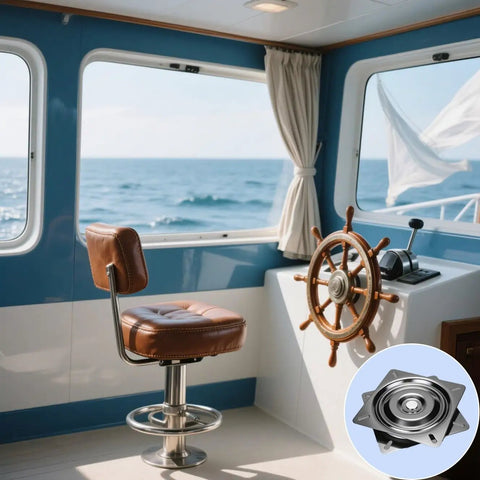 Boat interior with brown leather chair on 2 Pack 7 Inch Boat Seat Swivel Replacements, inset of swivel base detail.