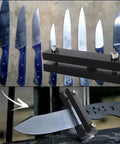 Rugged Hardened File Guide Knife Making Tool with knives shown in background, ideal for squaring tang shoulders, 55 HRC metal.